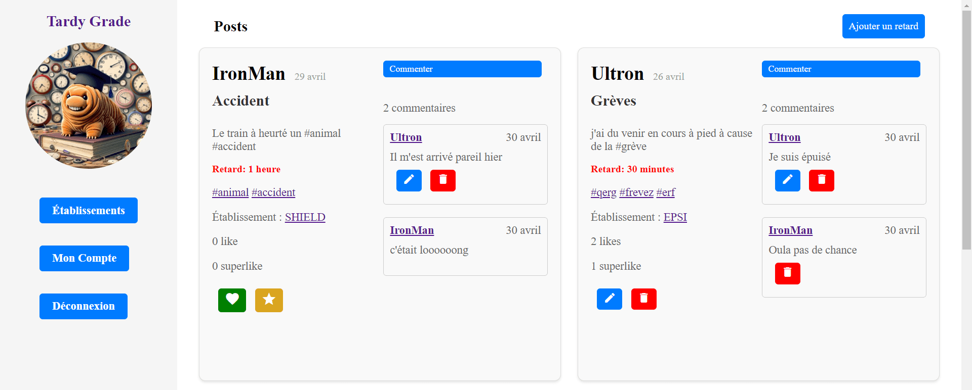 Page d'accueil du réseau social TardyGrade